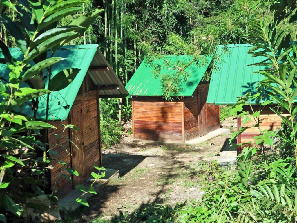 Three small wooden cabins with green metal roofs are nestled in a deep green forest
