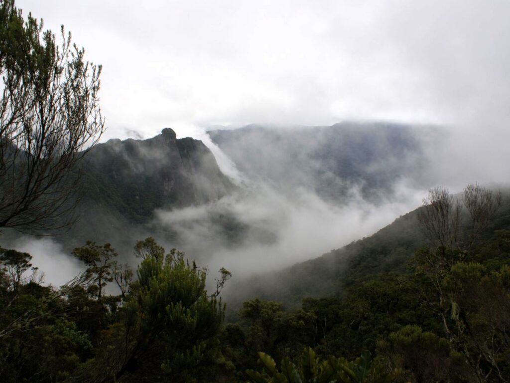 Clouds drift over distant cliffs and forests, creating an ethereal feeling.