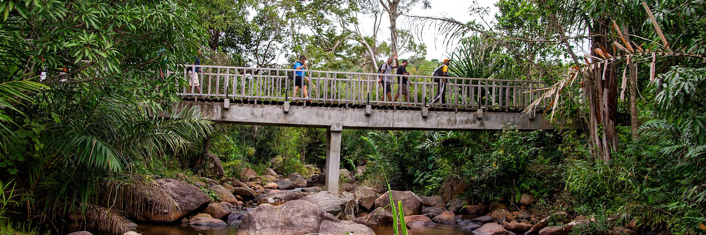 Several people are walking across a footbridge which spans a rocky creek.