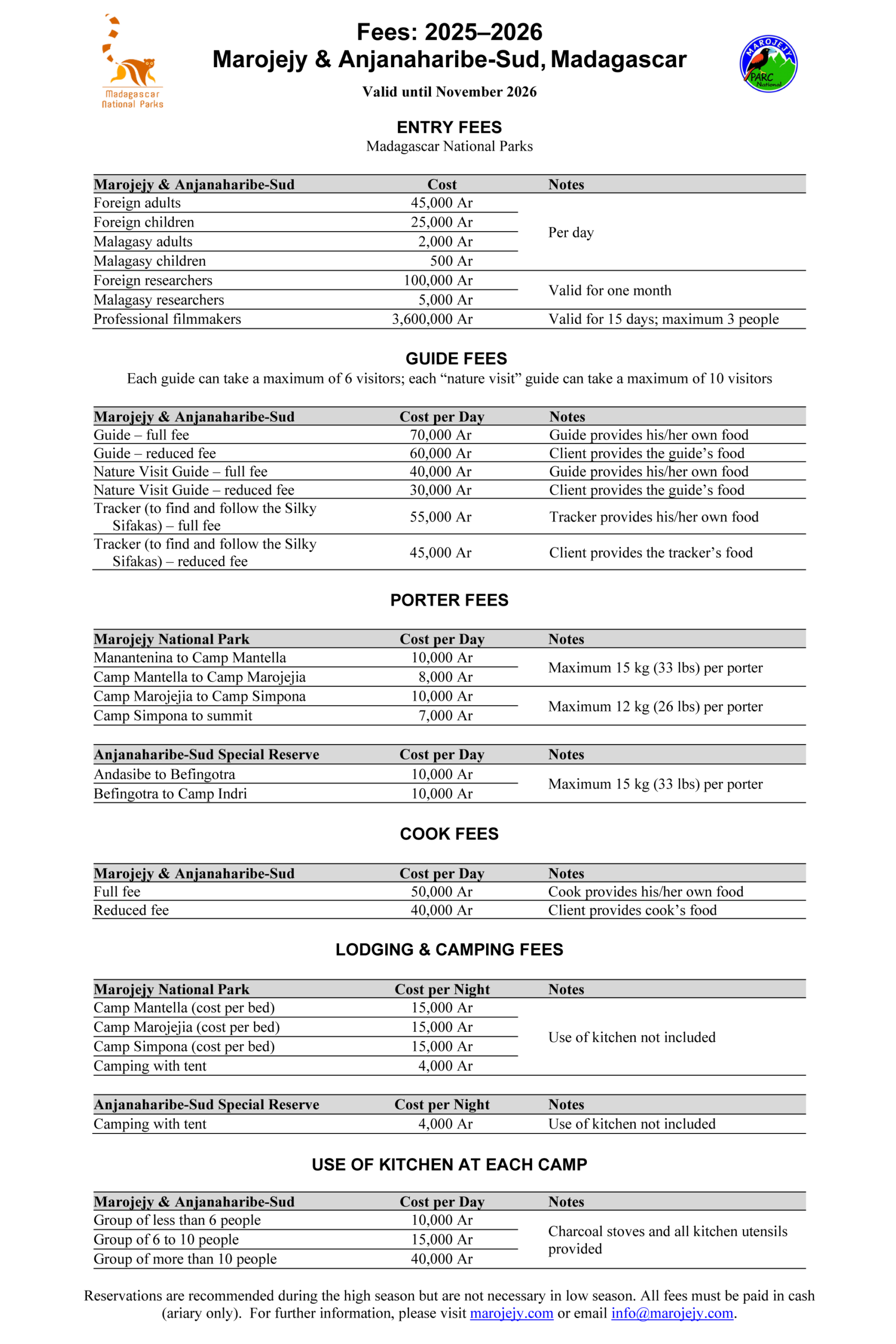 Image of Marojejy & Anjanaharibe-Sud fees